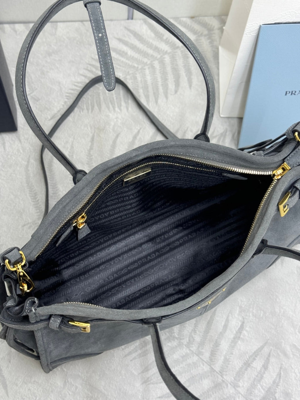 PRADA 25S BONNIE LARGE HANDBAG 38 IN DARK GRAY SUEDE GOLD HARDWRE