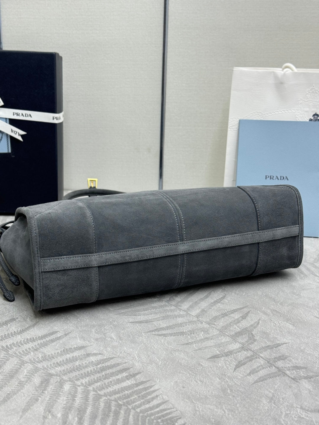 PRADA 25S BONNIE LARGE HANDBAG 38 IN DARK GRAY SUEDE GOLD HARDWARE