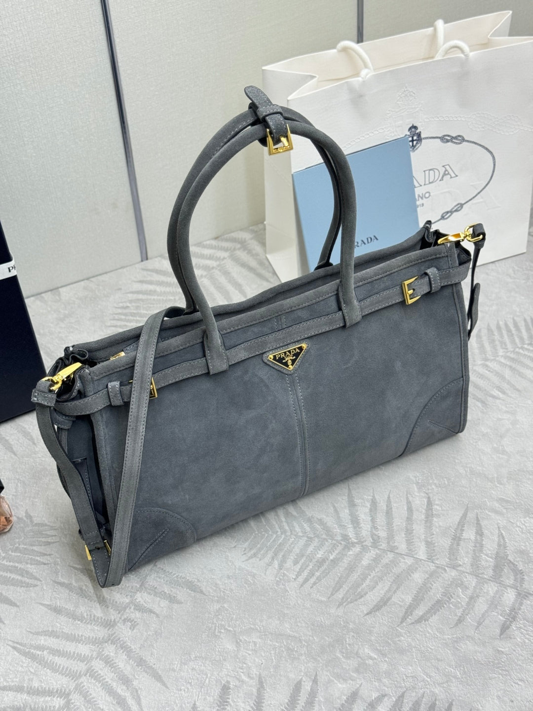 PRADA 25S BONNIE LARGE HANDBAG 38 IN DARK GRAY SUEDE GOLD HARDWARE