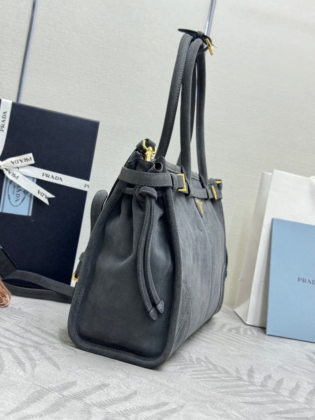 PRADA 25S BONNIE LARGE HANDBAG 38 IN DARK GRAY SUEDE GOLD HARDWRE