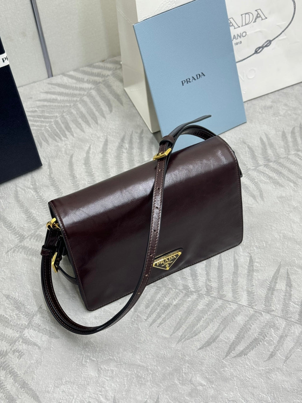 PRADA 25S SHOULDER BAG 23 IN DARK BROWN CALFSKIN GOLD HARDWRE
