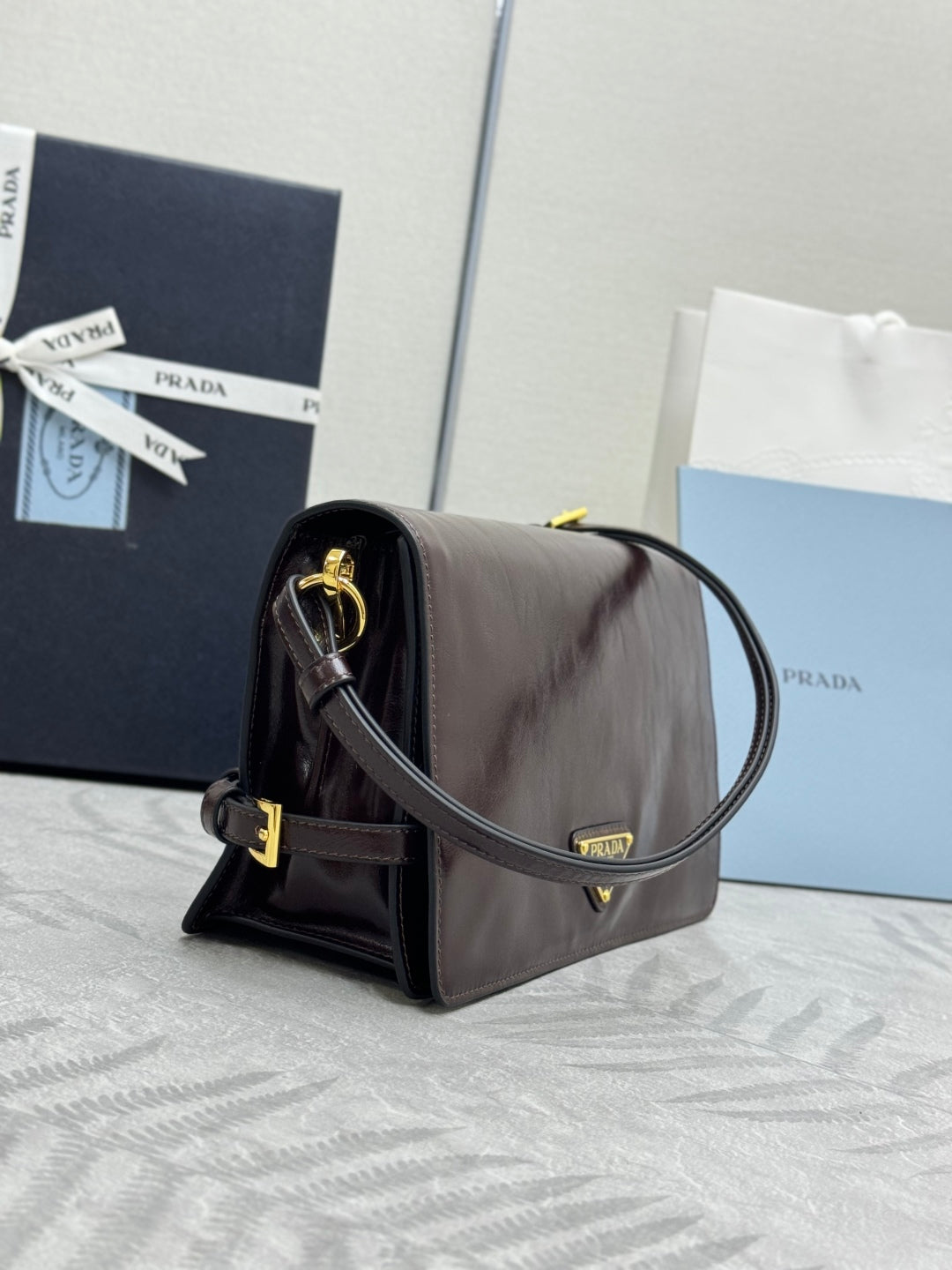 PRADA 25S SHOULDER BAG 23 IN DARK BROWN CALFSKIN GOLD HARDWRE