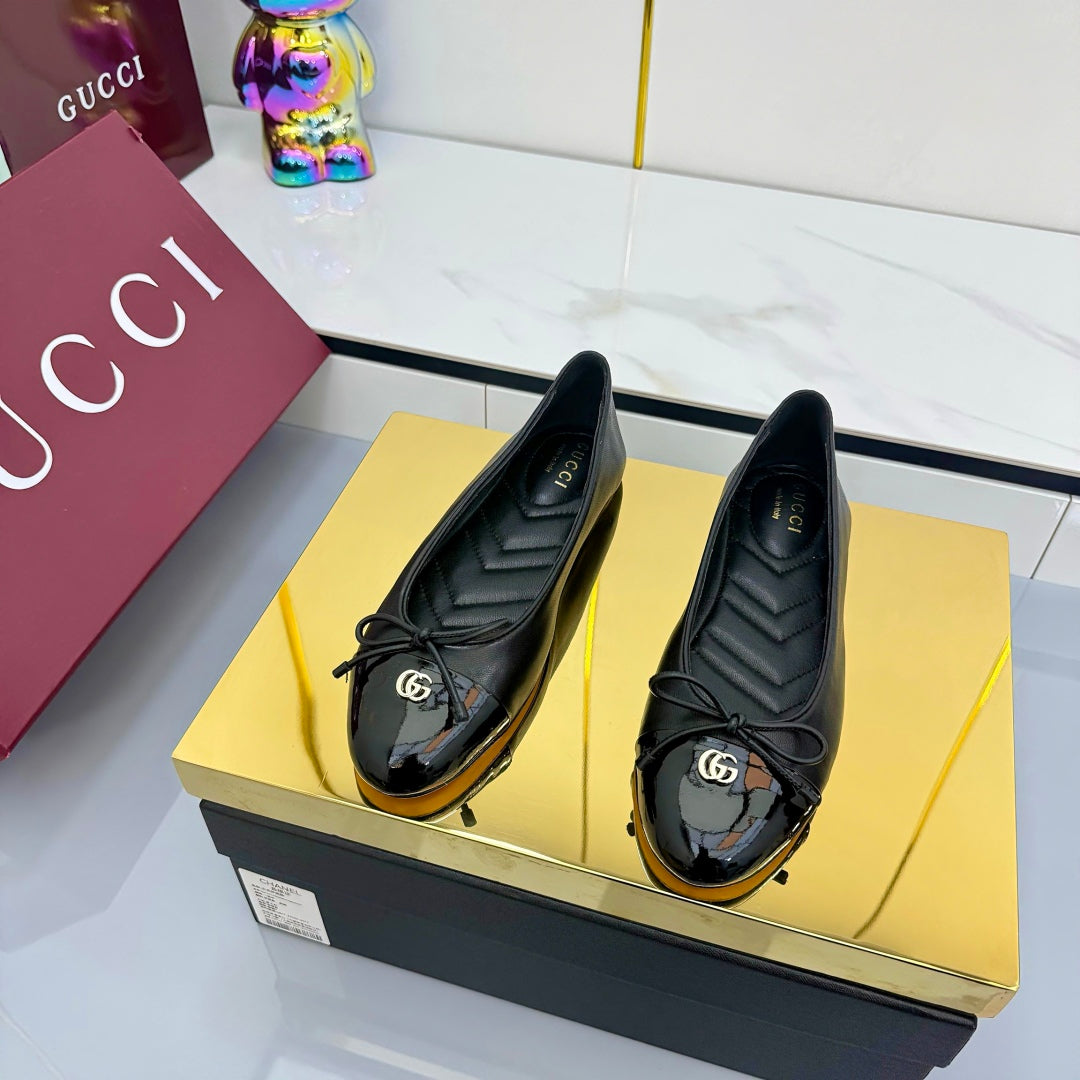 GG BALLET FLATS 25S IN BLACK LAMBSKIN MIX GLOSSY LEATHER WITH BOW