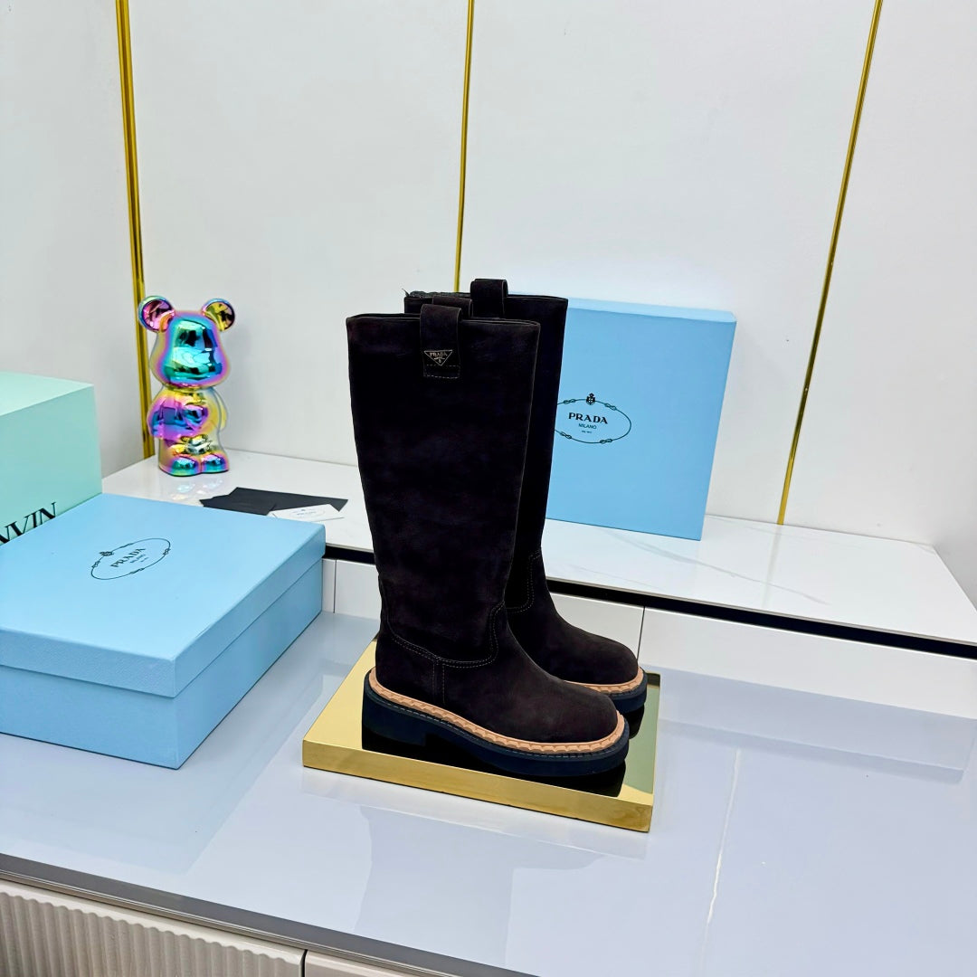 PRADA 25S HIGH BOOTS MARTIN 50MM IN DARK BROWN SUEDE WITH LOGO