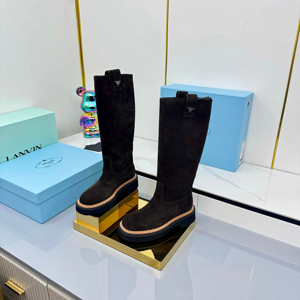 PRADA 25S HIGH BOOTS MARTIN 50MM IN DARK BROWN SUEDE WITH LOGO