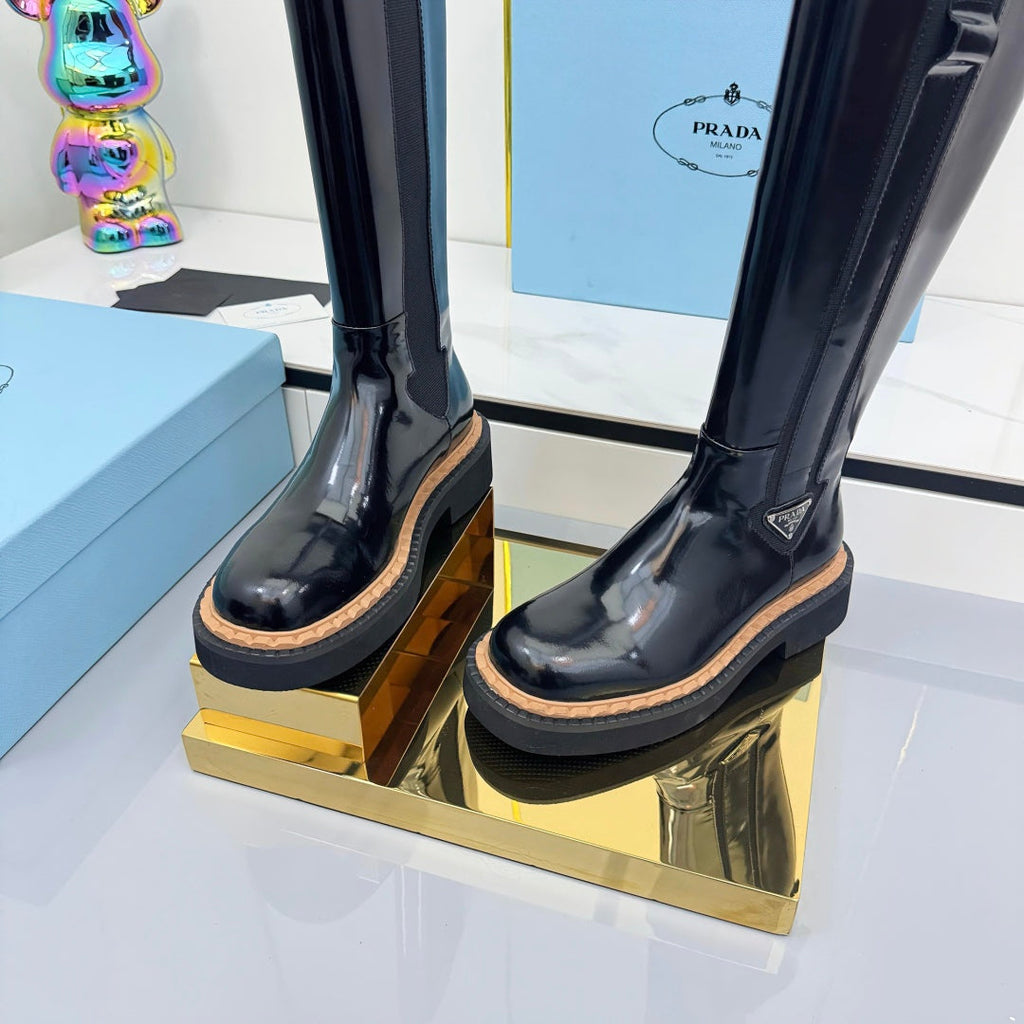PRADA 25S TALL CHELSEA BOOTS 50MM IN BLACK GLOSSY CALFSKIN
