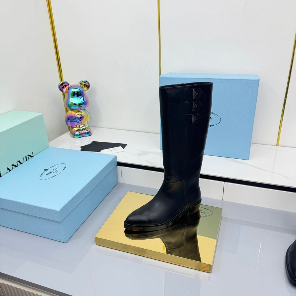 PRADA 25S CHUNKY SOLE TALL BOOTS MARTIN 50MM IN BLACK CALFSKIN