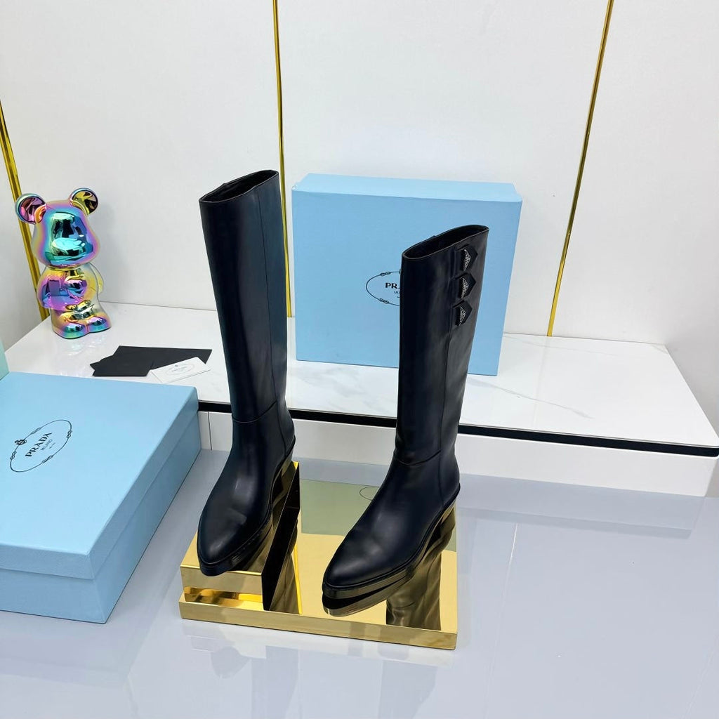 PRADA 25S CHUNKY SOLE TALL BOOTS MARTIN 50MM IN BLACK CALFSKIN