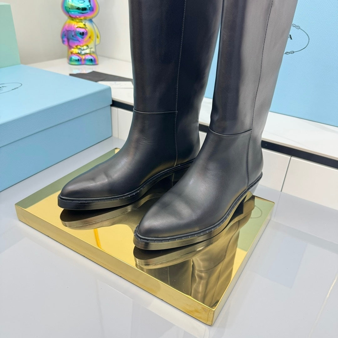 PRADA 25S CHUNKY SOLE TALL BOOTS MARTIN 50MM IN BLACK CALFSKIN