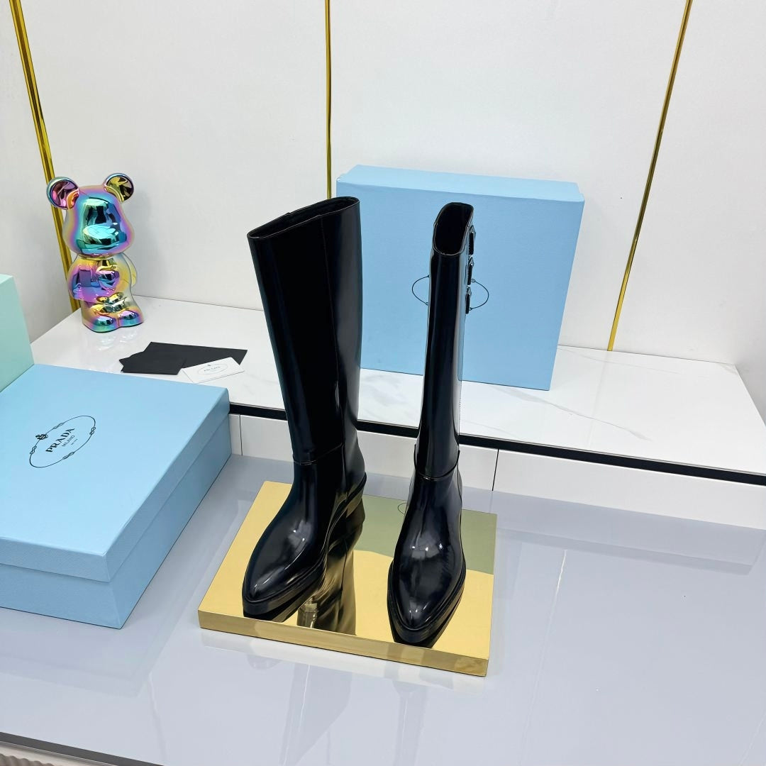 PRADA 25S CHUNKY SOLE TALL BOOTS MARTIN 50MM IN BLACK GLOSSY CALFSKIN