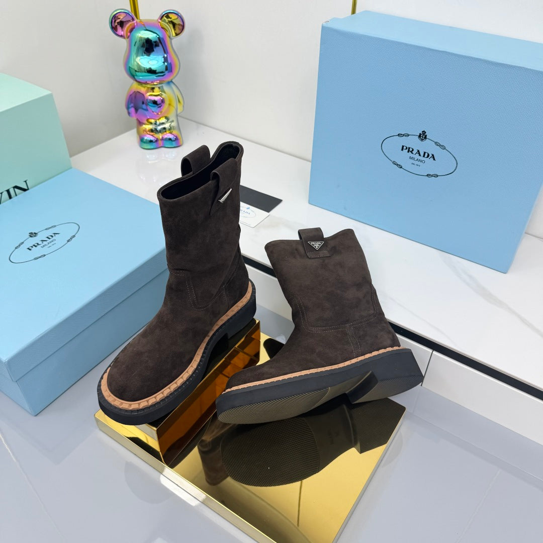 PRADA 25S HIGH MARTIN BOOTS 50MM IN DARK BROWN SUEDE