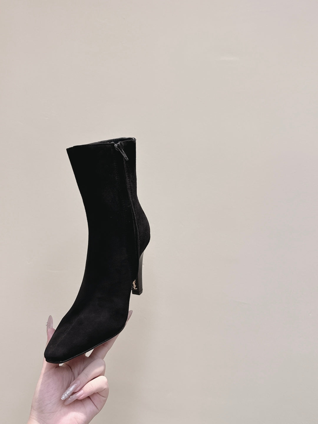 YSL 25S HEELED ANKLE BOOTS 75 MM IN BLACK SUEDE