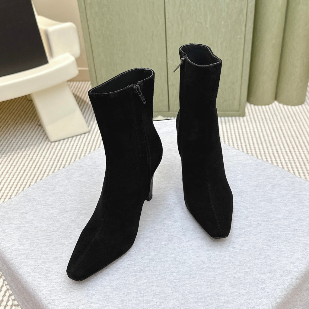 YSL 25S HEELED ANKLE BOOTS 75 MM IN BLACK SUEDE