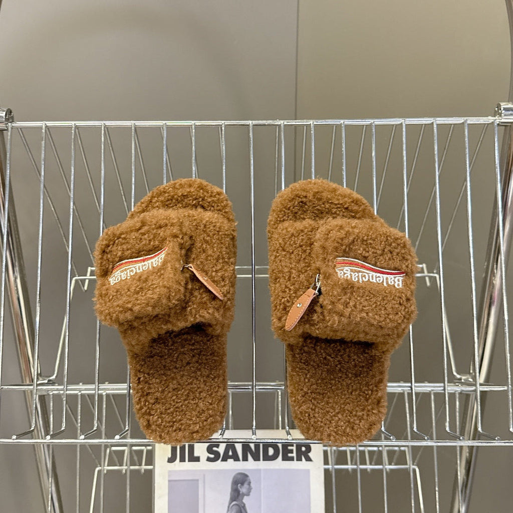 BALENCIAGA 25S SLIPPERS IN BROWN  FAUX SHEARLING