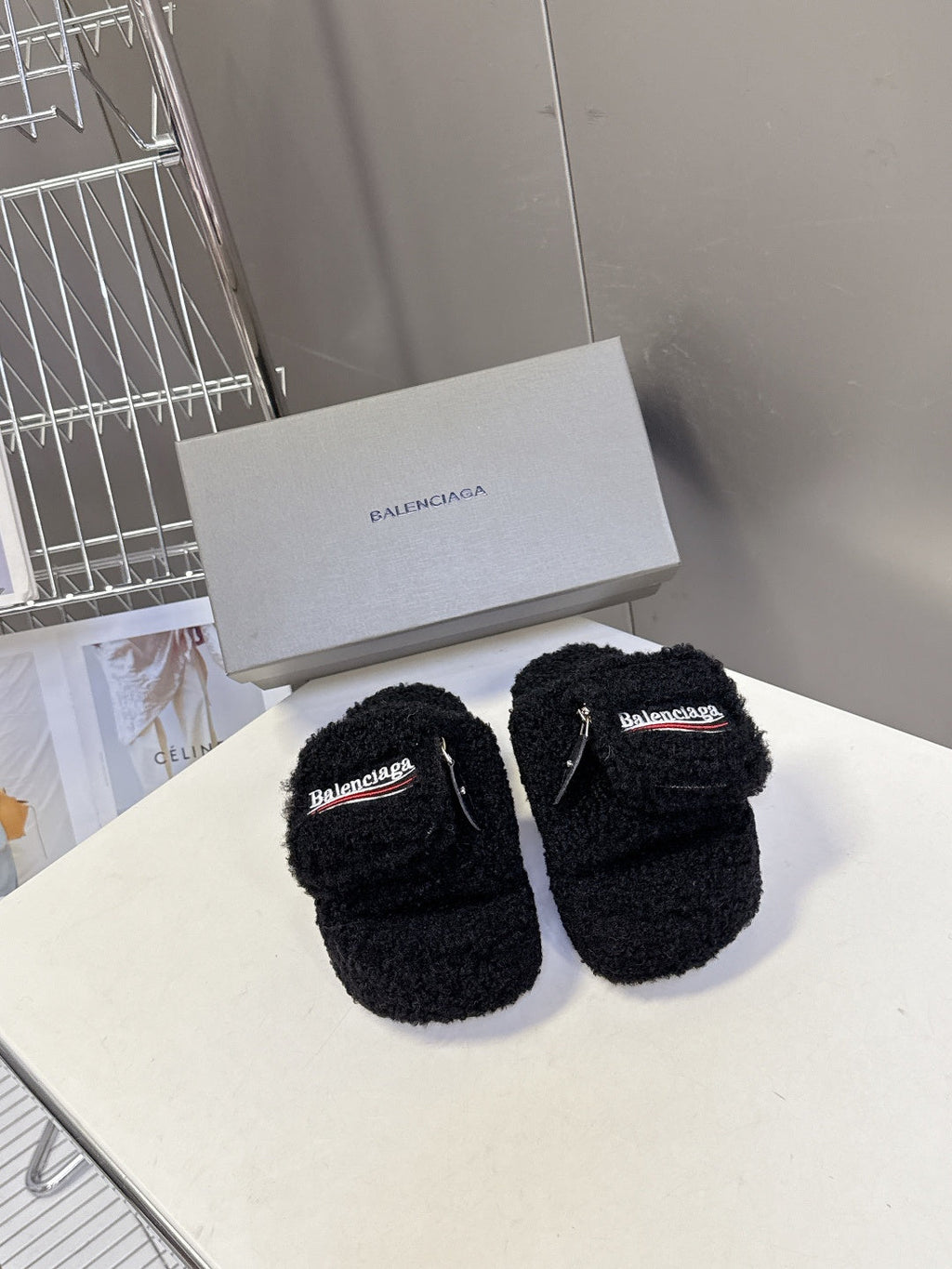BALENCIAGA 25S SLIPPERS IN BLACK FAUX SHEARLING