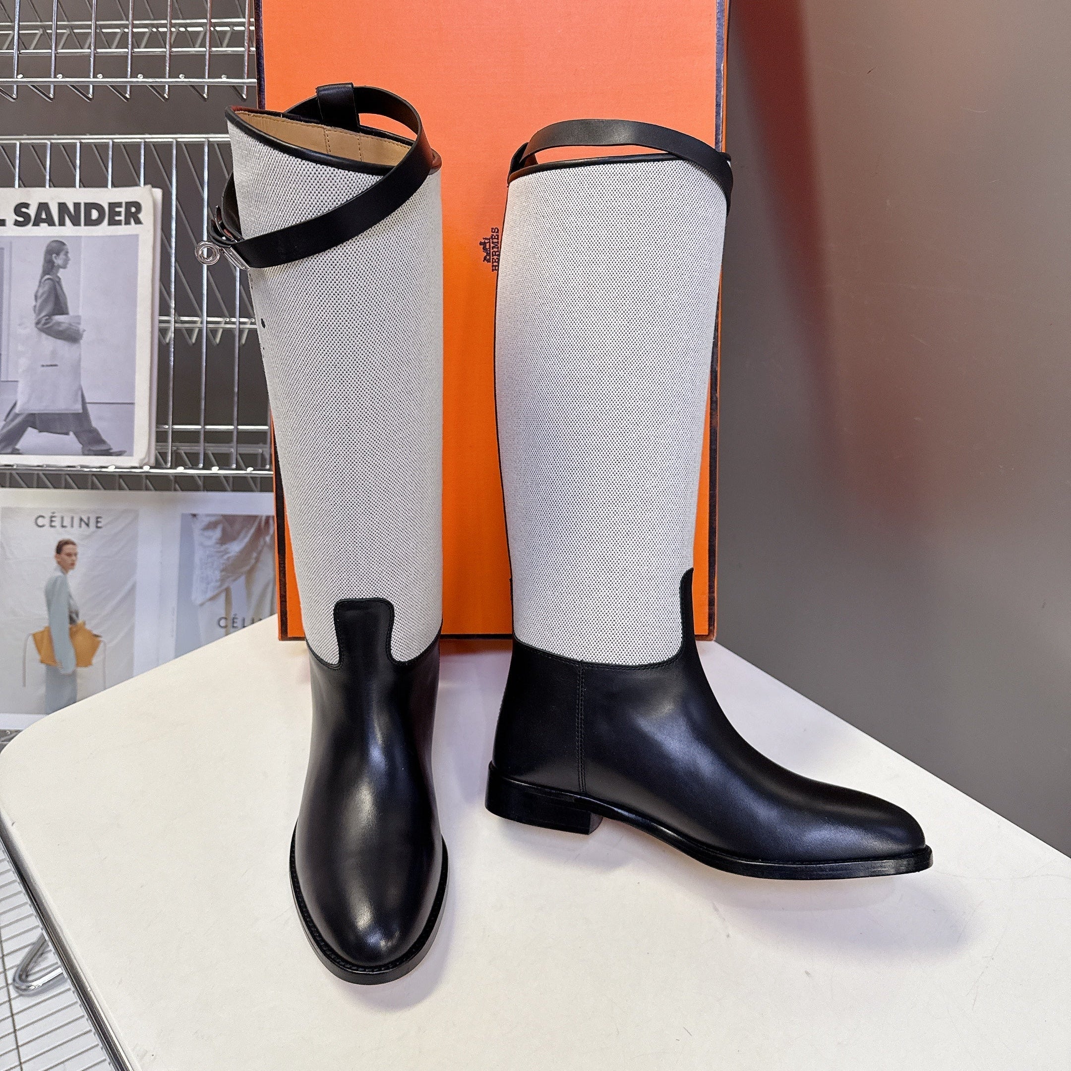 HM 25S JUMPING BOOT IN BLACK LAMBSKIN AND GREY CANVAS WITH SILVER HARDWARE