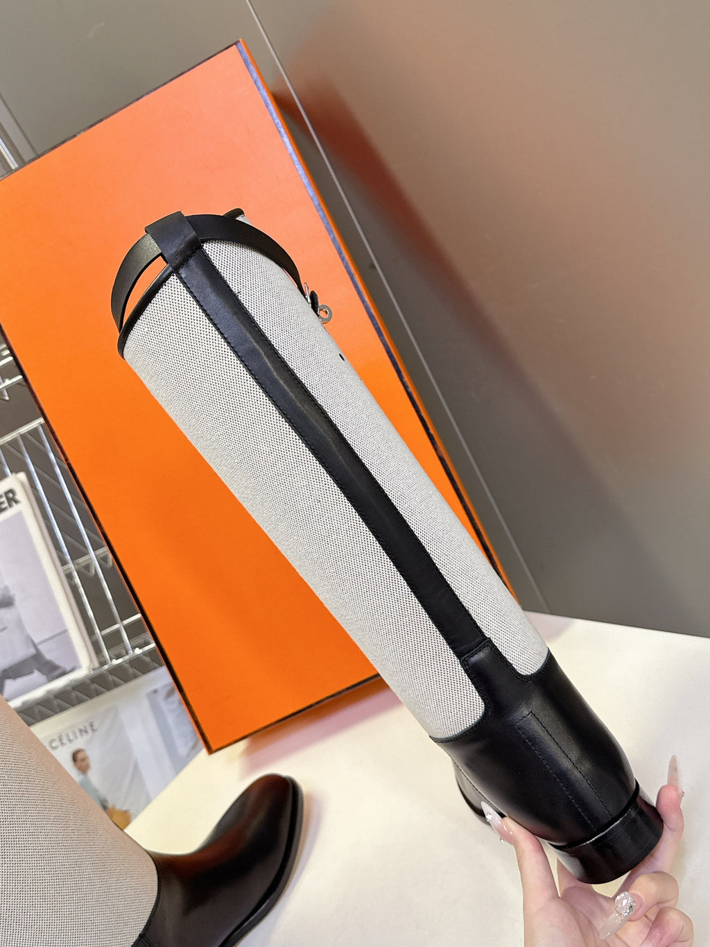 HM 25S JUMPING BOOT IN BLACK LAMBSKIN AND GREY CANVAS WITH SILVER HARDWARE