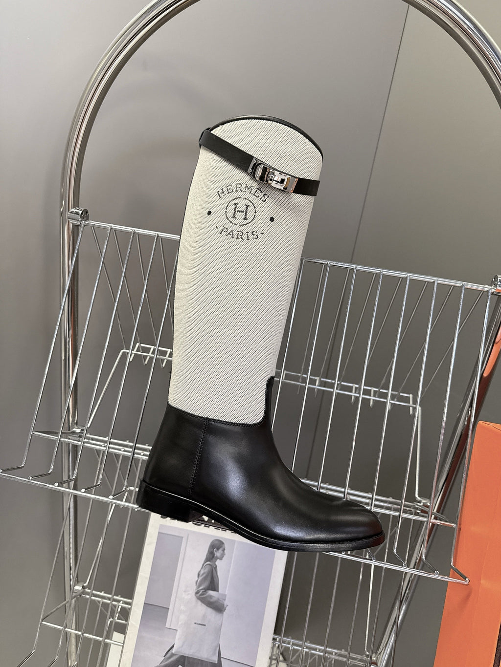 HM 25S JUMPING BOOT IN BLACK LAMBSKIN AND GREY CANVAS WITH SILVER HARDWARE