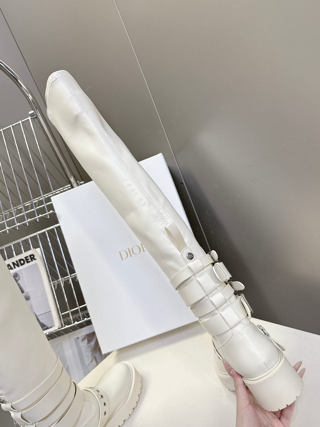 DIOR D-FIGHT BOOT 25S IN WHITE CALFSKIN WITH SILVER HARDWARE