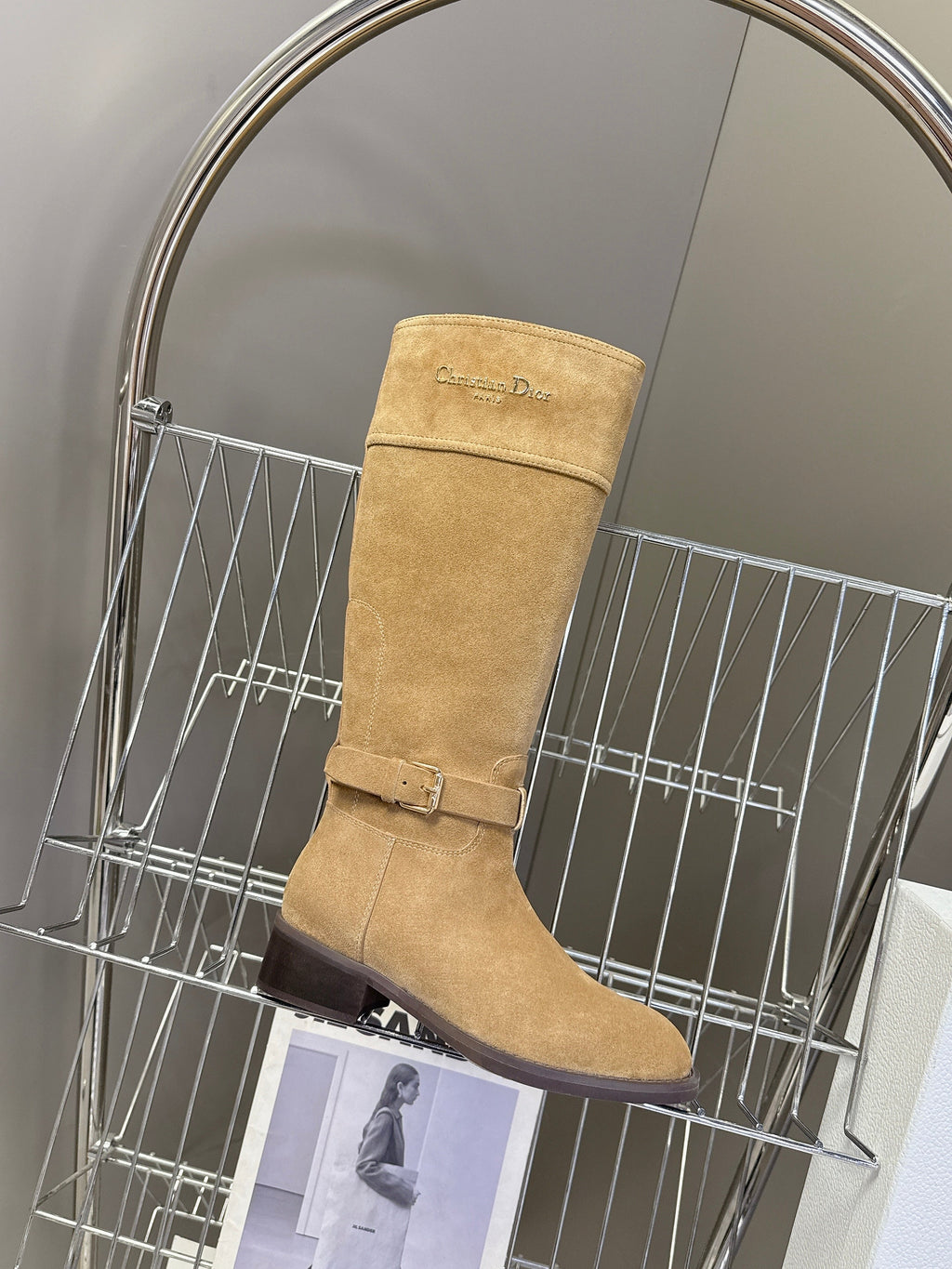 DIOR 25S BROWN HIGH BOOTS IN BEIGE SUEDE