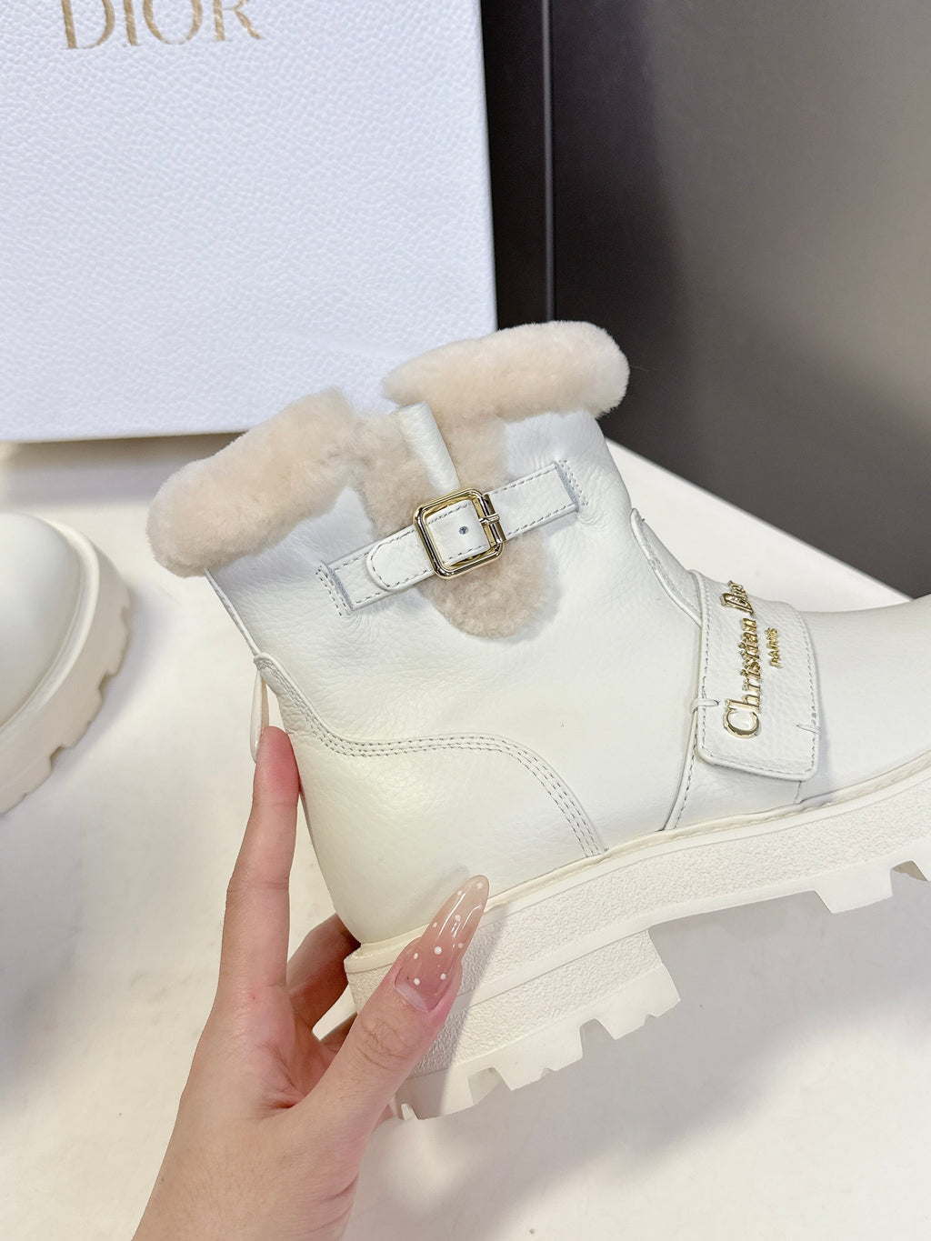 DIORALPS ANKLE BOOTS 25S IN WHITE LAMBSKIN AND BEIGE WOOL WITH GOLD HARDWARE