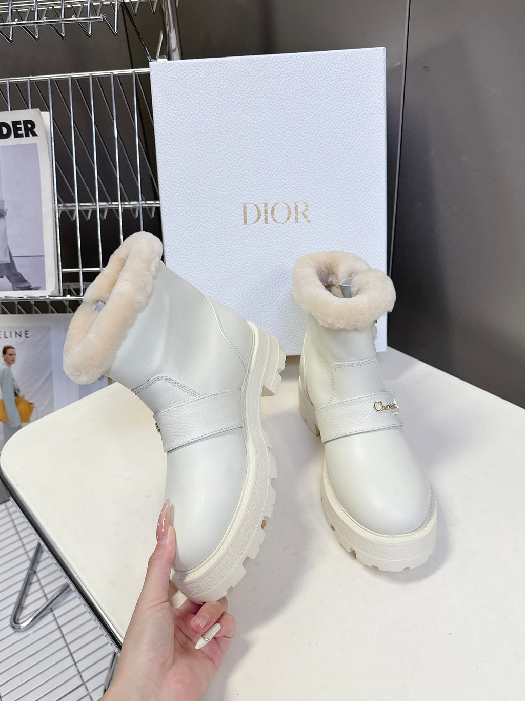 DIORALPS ANKLE BOOTS 25S IN WHITE LAMBSKIN AND BEIGE WOOL WITH GOLD HARDWARE