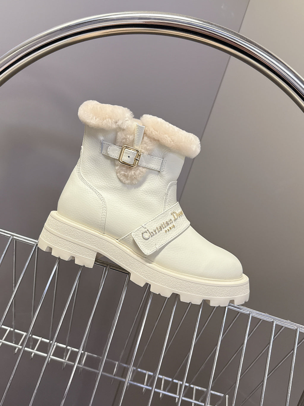 DIORALPS ANKLE BOOTS 25S IN WHITE LAMBSKIN AND BEIGE WOOL WITH GOLD HARDWARE