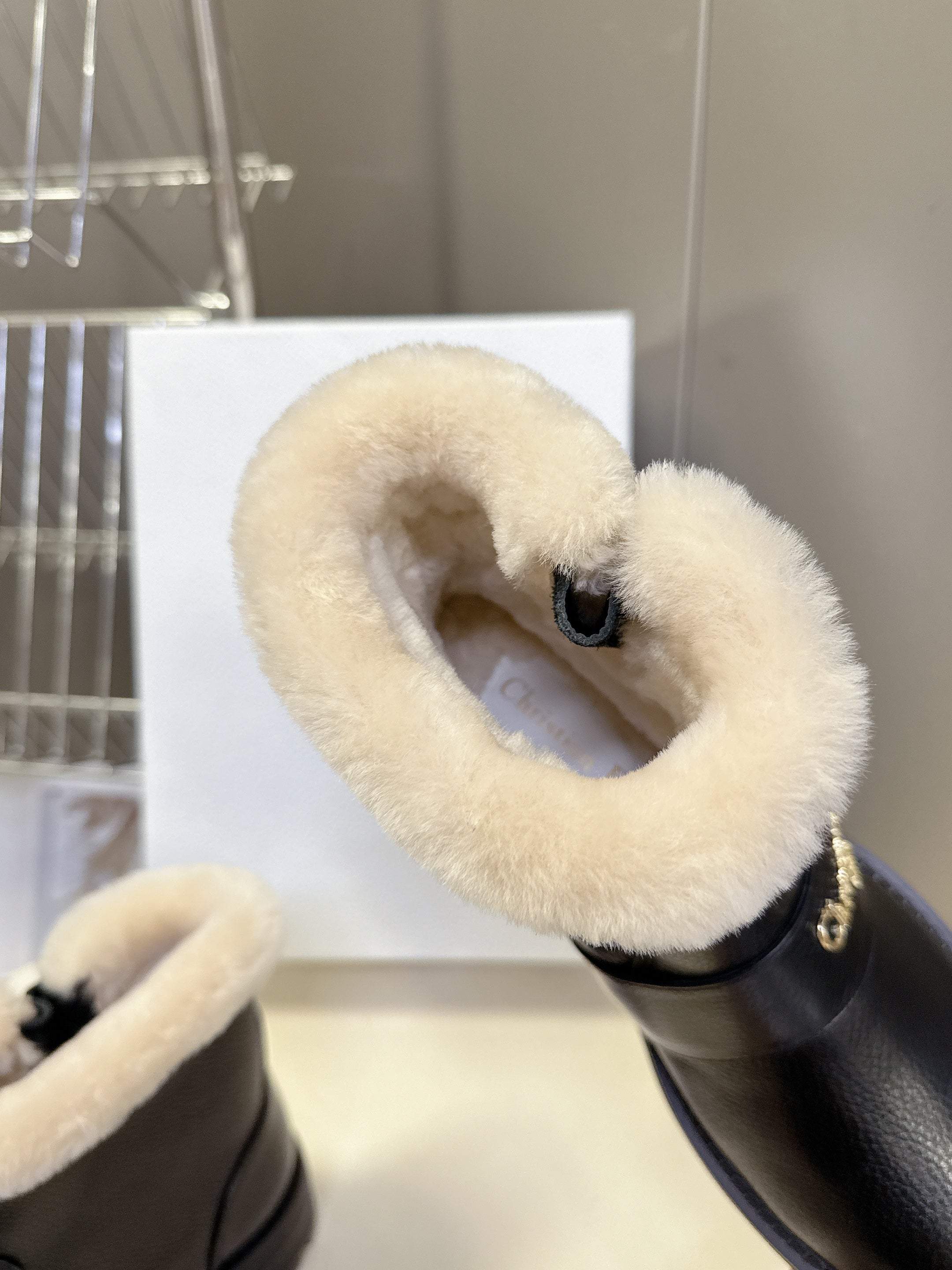 DIORALPS ANKLE BOOTS 25S IN BLACK LAMBSKIN AND BEIGE WOOL WITH SILVER HARDWARE