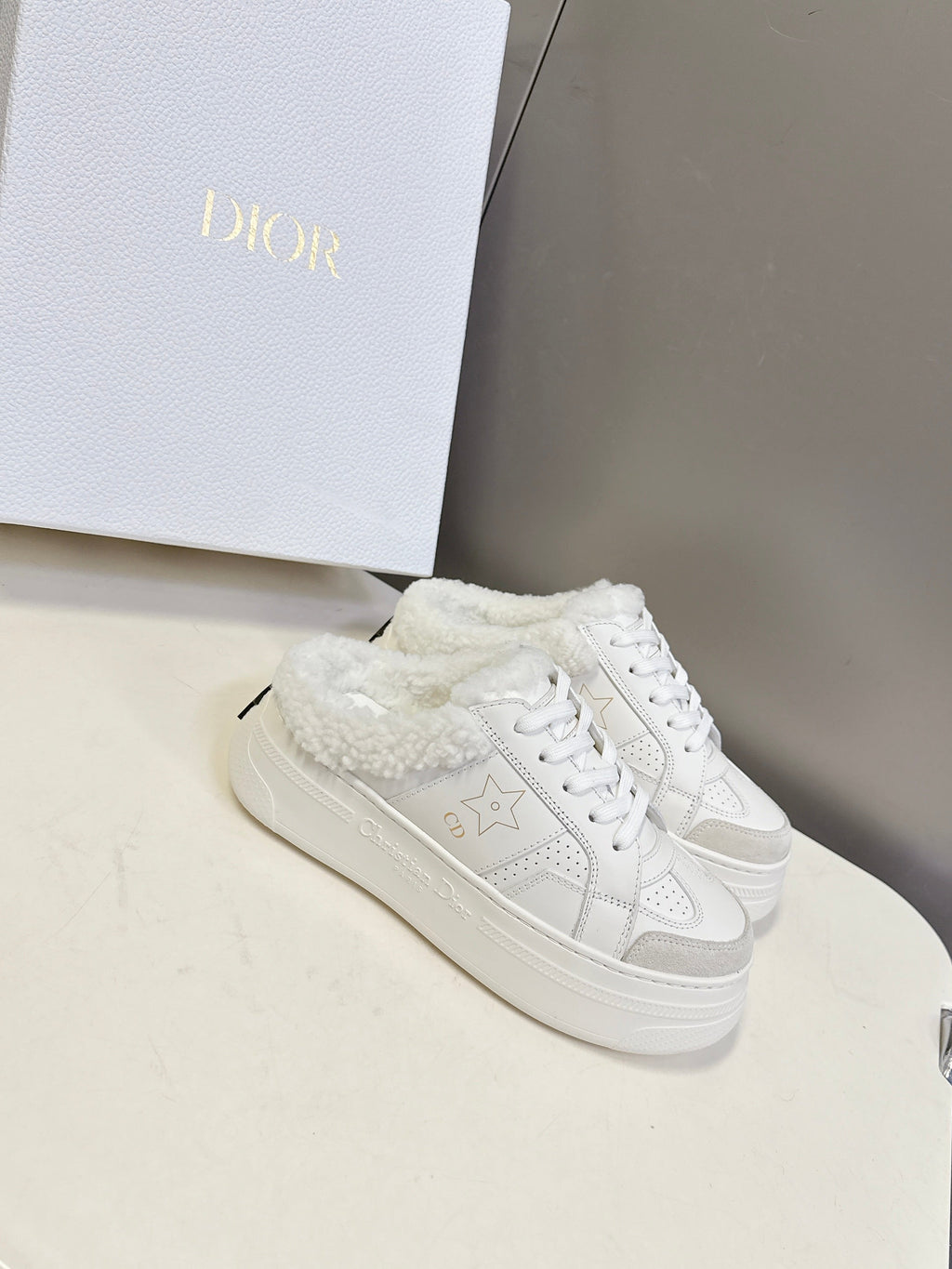 DIOR 25S DIOR STAR SNEAKERS 40 MM IN WHITE LAMBSKIN AND WOOL