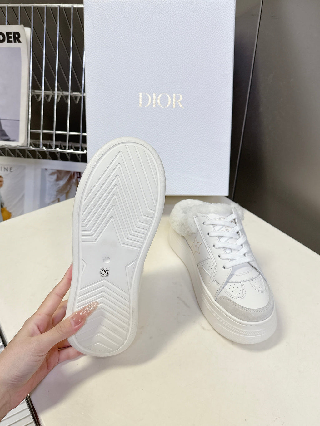 DIOR 25S DIOR STAR SNEAKERS 40 MM IN WHITE LAMBSKIN AND WOOL