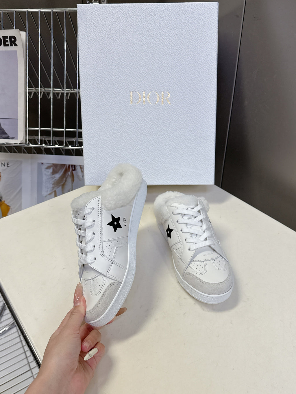DIOR 25S DIOR STAR SNEAKERS IN WHITE LAMBSKIN AND WOOL