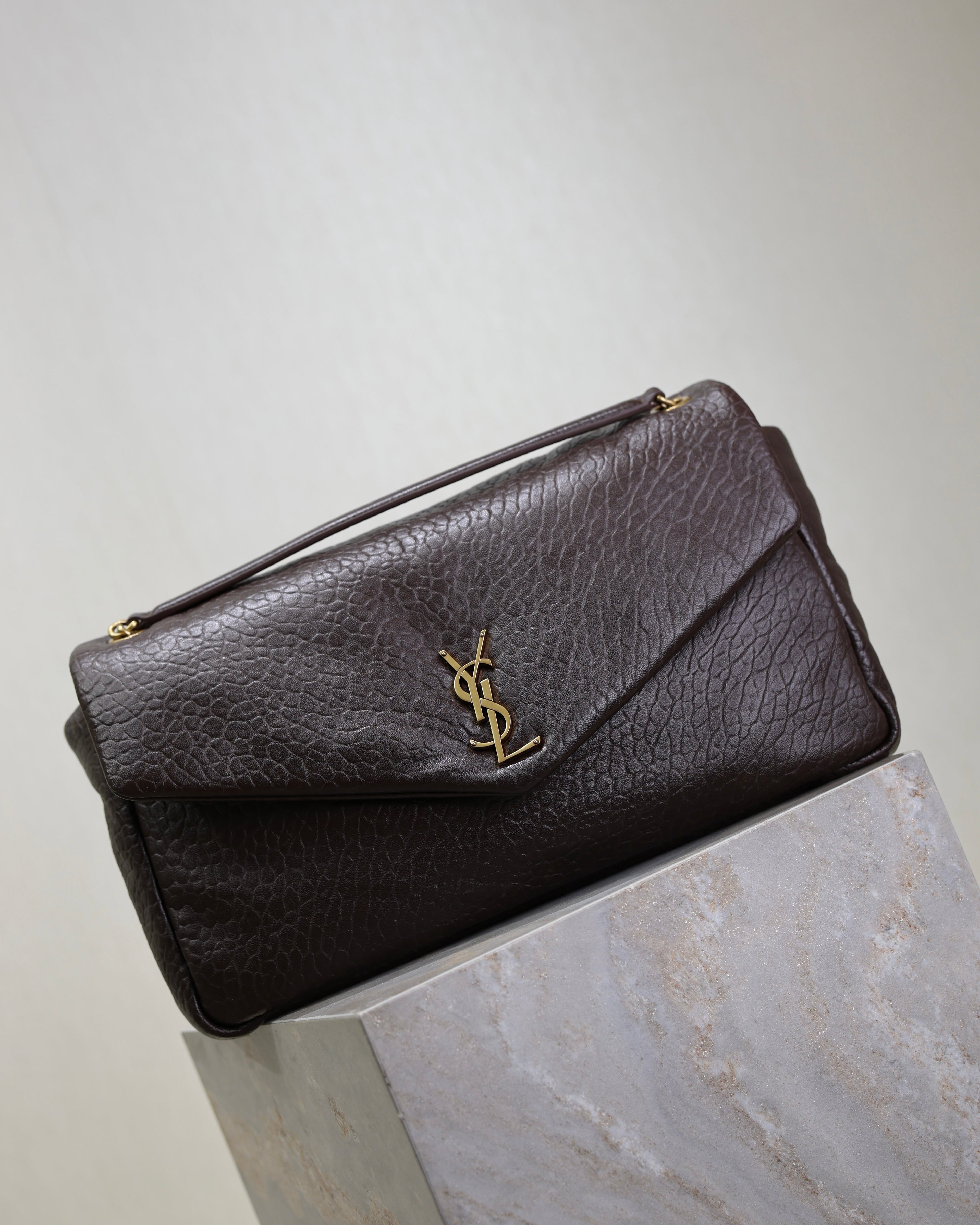 YSL 25S CALYPSO GM 38 IN DARK CHOCOLATE CALFSKIN GOLD HARDWARE