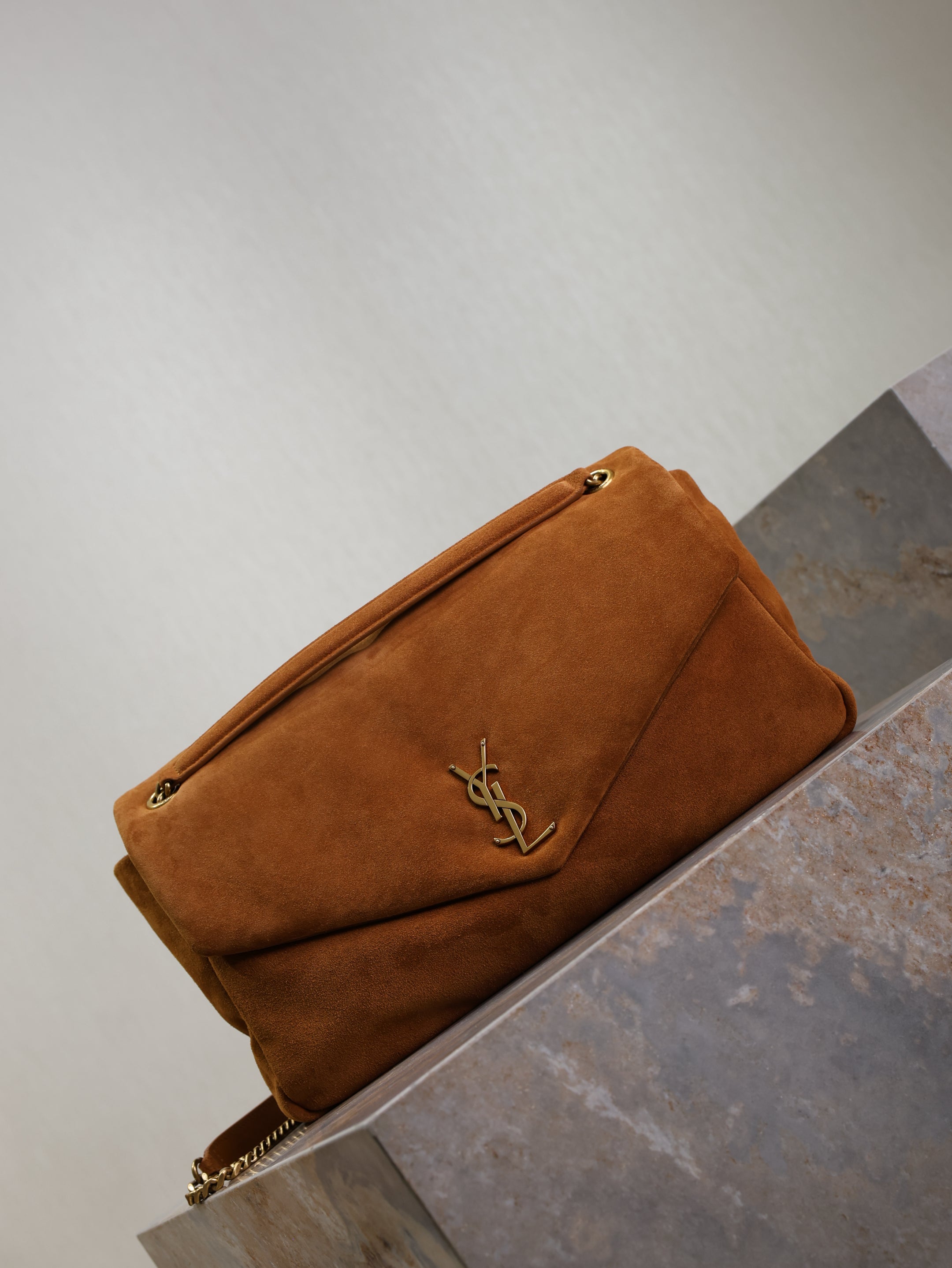 YSL 25S CALYPSO GM 38 IN DARK CARAMEL SUEDE GOLD HARDWRE