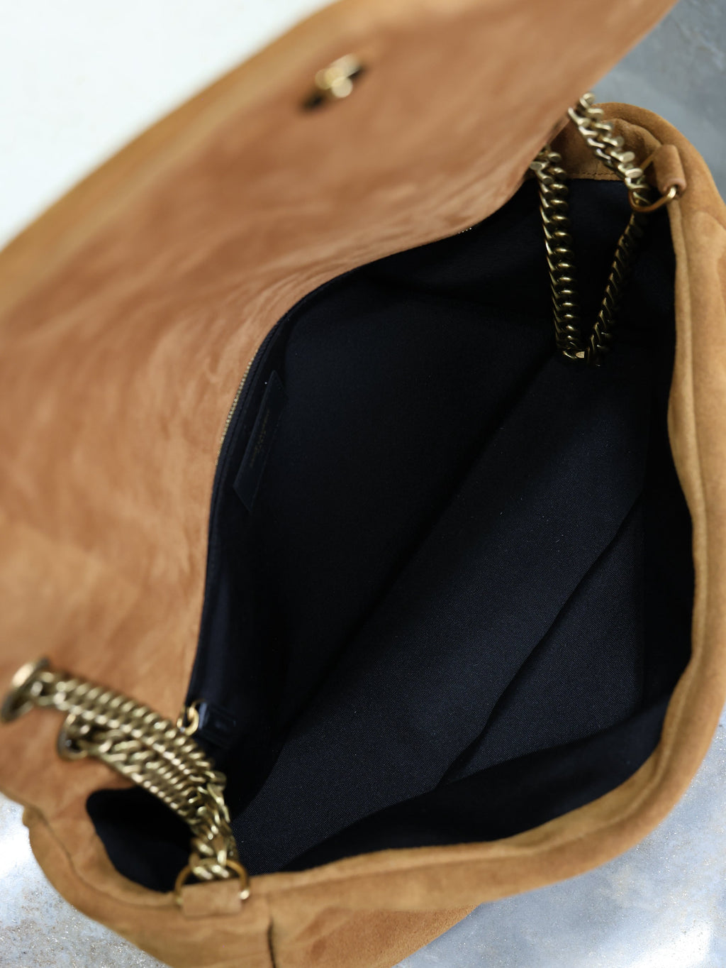 YSL 25S CALYPSO GM 38 IN DARK CARAMEL SUEDE GOLD HARDWARE