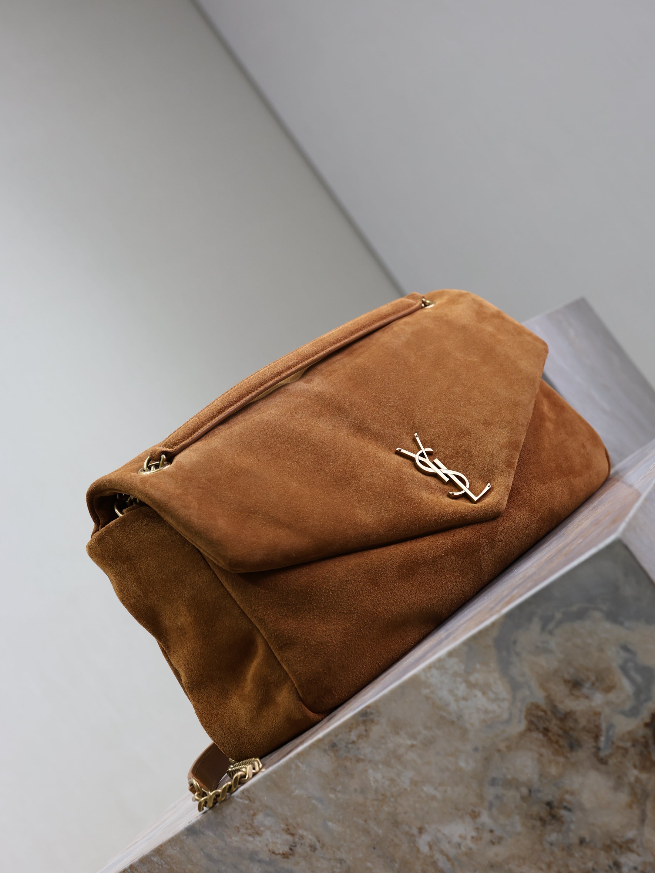 YSL 25S CALYPSO GM 38 IN DARK CARAMEL SUEDE GOLD HARDWARE
