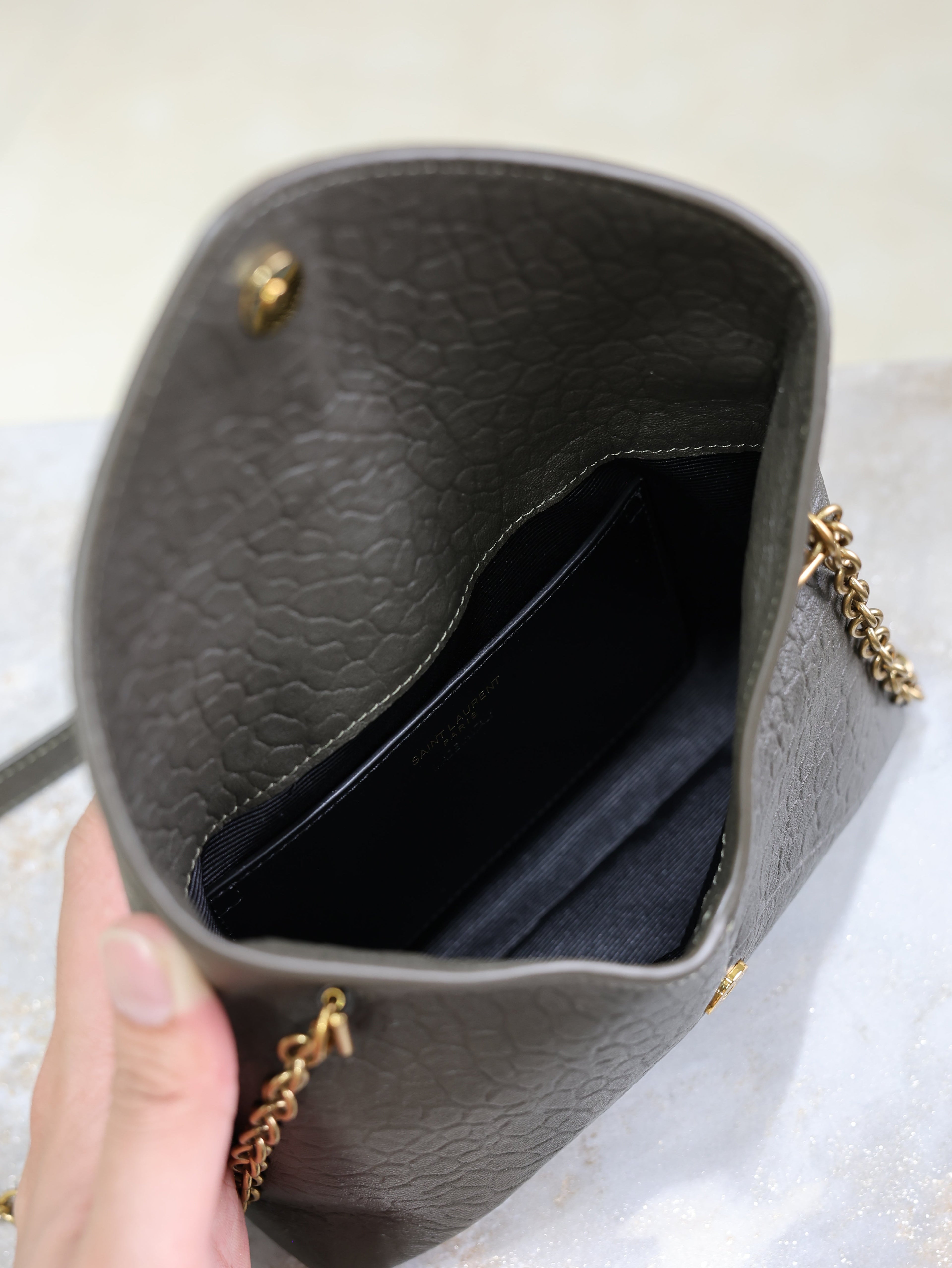 YSL 25S CALYPSO MINI 19 IN CHARCOAL GRAY LAMBSKIN GOLD HARDWARE