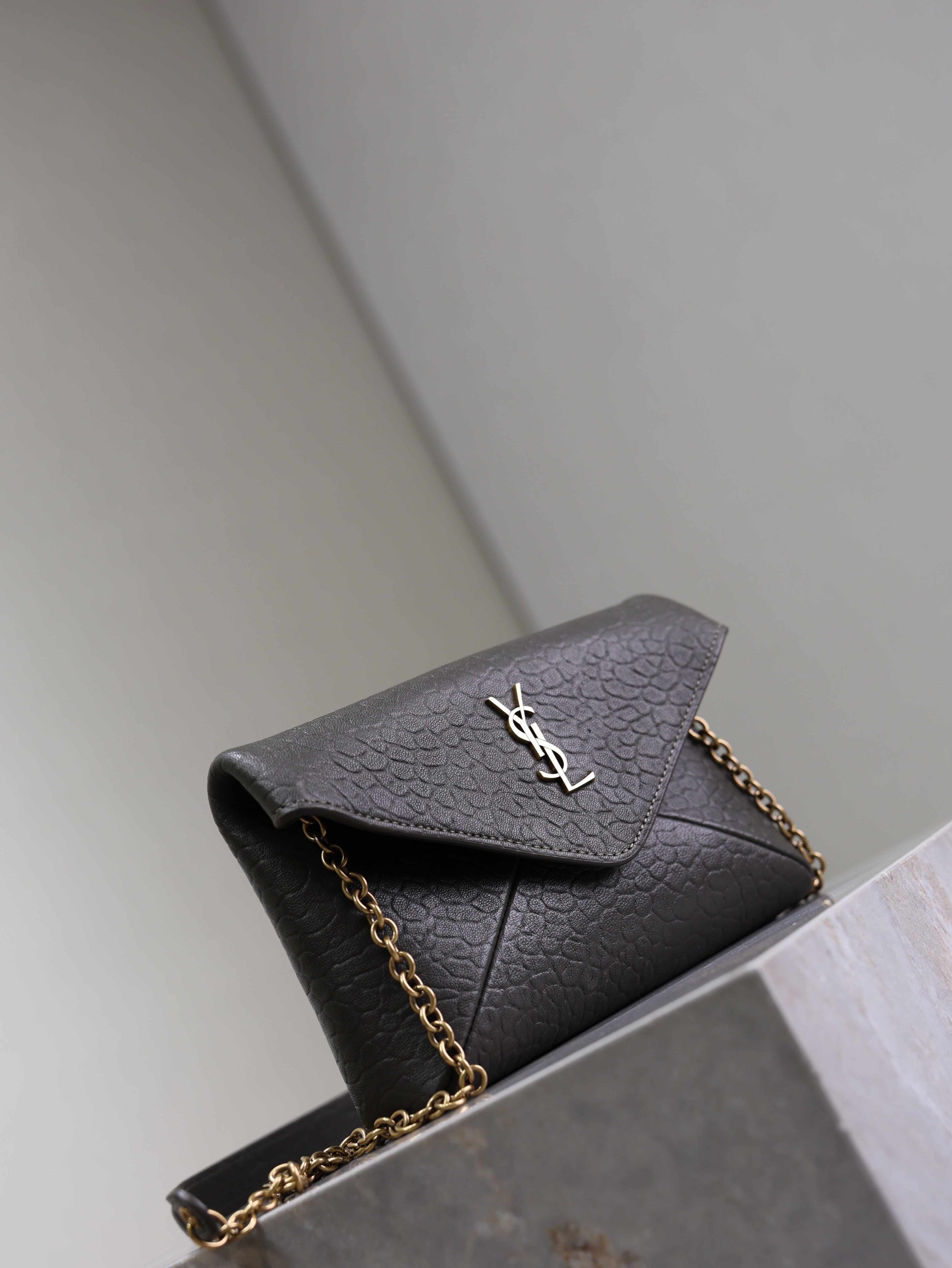 YSL 25S CALYPSO MINI 19 IN CHARCOAL GRAY LAMBSKIN GOLD HARDWARE