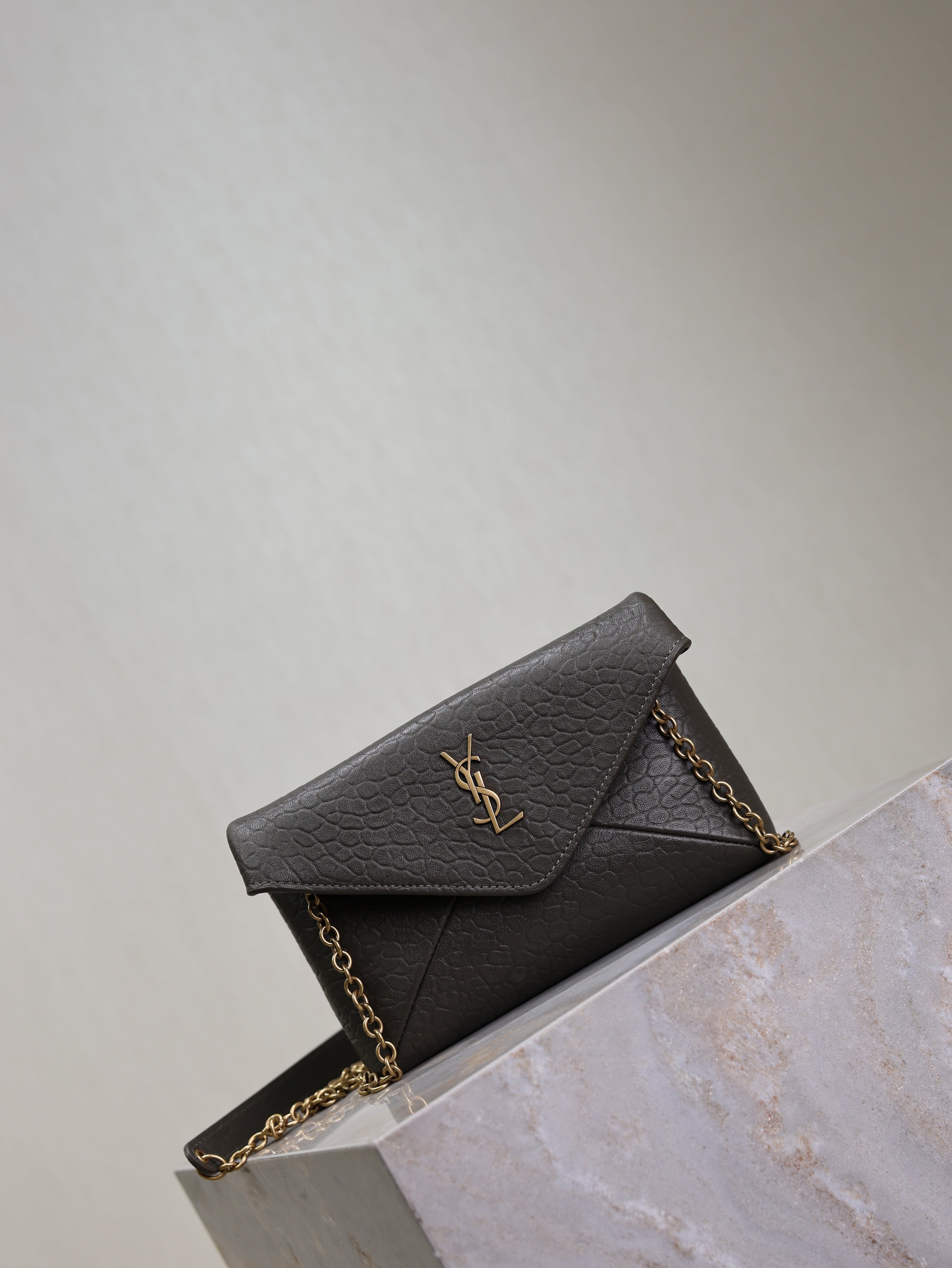 YSL 25S CALYPSO MINI 19 IN CHARCOAL GRAY LAMBSKIN GOLD HARDWARE