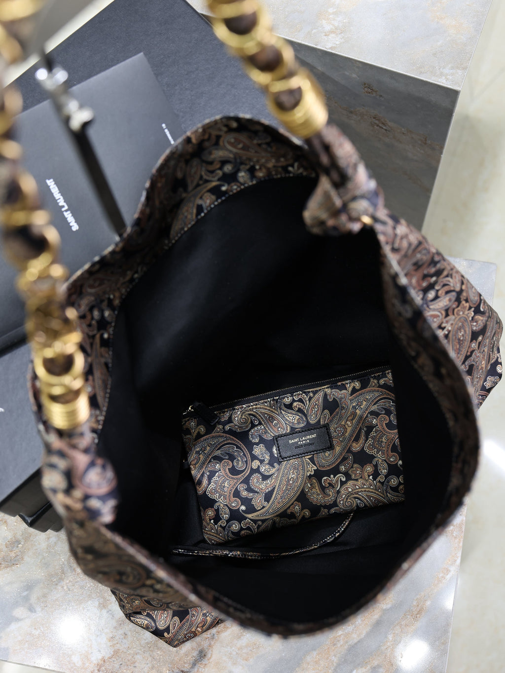 YSL 25S AMALIA 50 IN NAVY MULTICOLOR  SILK TWILL GOLD HARDWARE