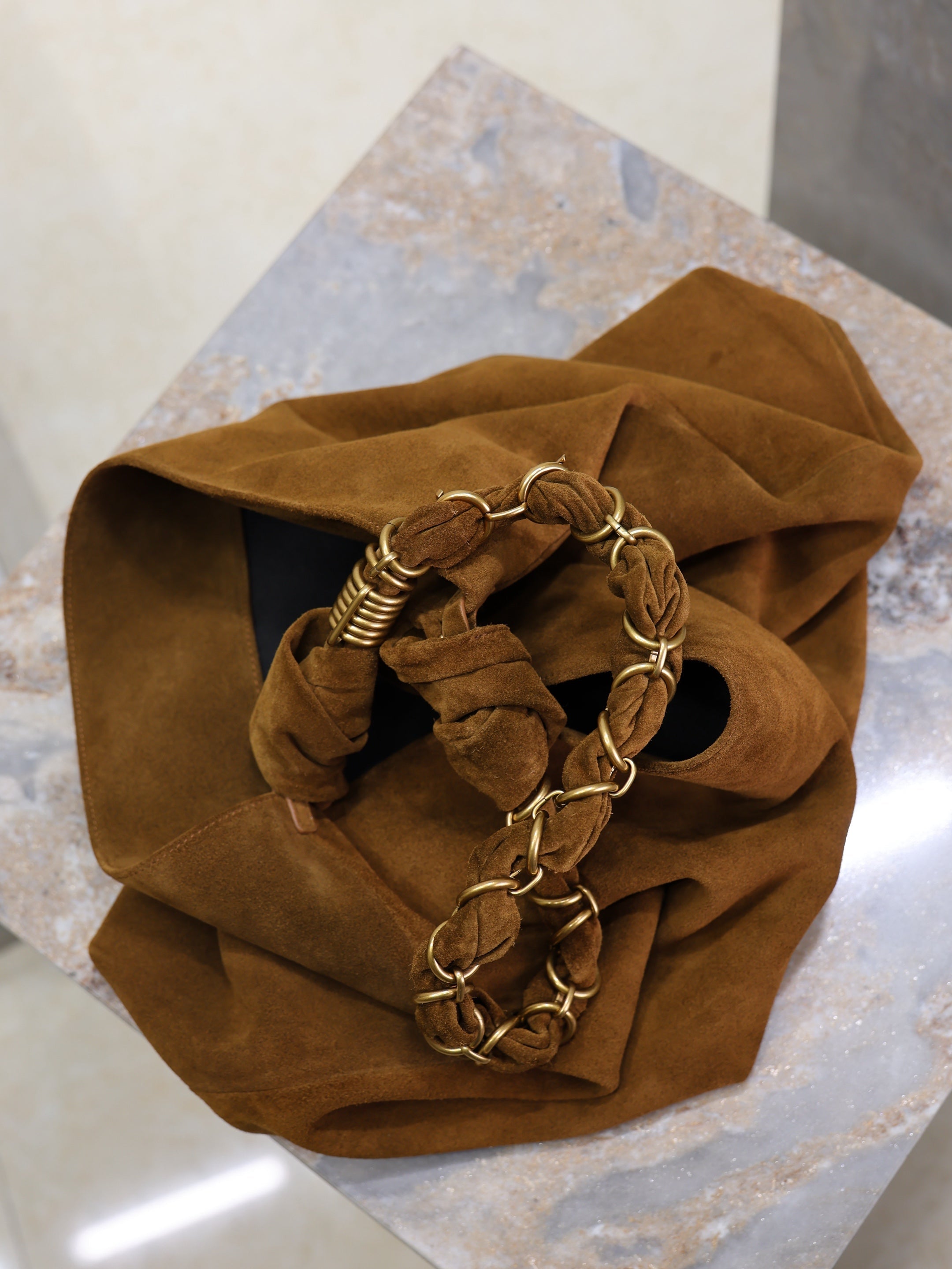 YSL 25S AMALIA 50 IN DARK CARAMEL SUEDE GOLD HARDWARE