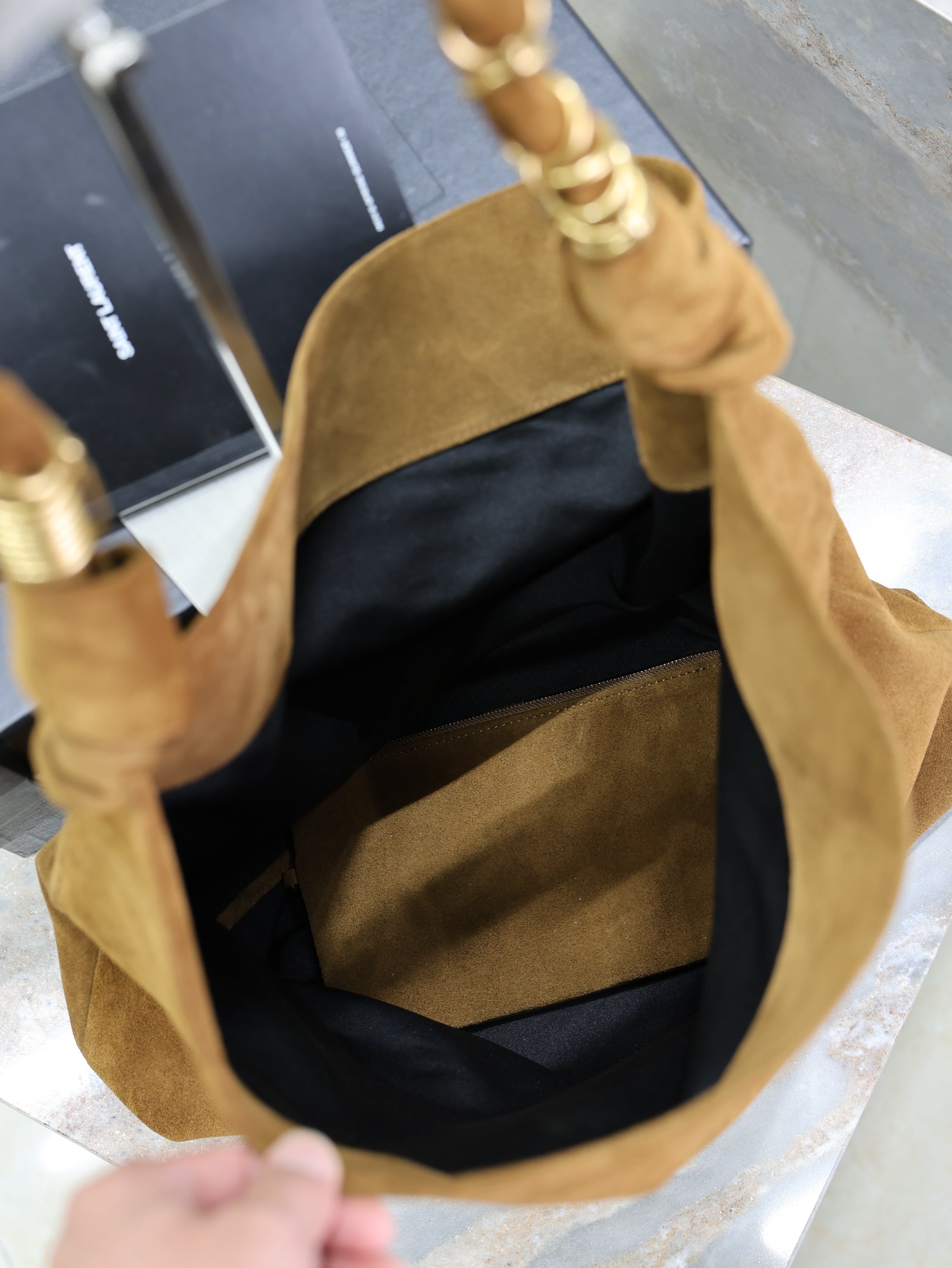 YSL 25S AMALIA 50 IN DARK CARAMEL SUEDE GOLD HARDWRE