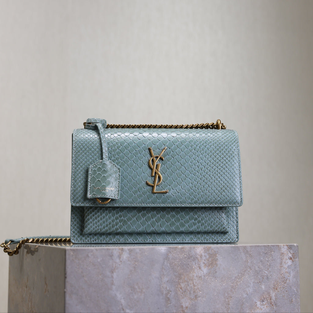 YSL 25S SUNSET MEDIUM 22 IN LIGHT BLUE CROCODILE-EMBOSSED CALFSKIN GOLD HARDWARE