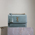 YSL 25S SUNSET MEDIUM 22 IN LIGHT BLUE CROCODILE-EMBOSSED CALFSKIN GOLD HARDWARE