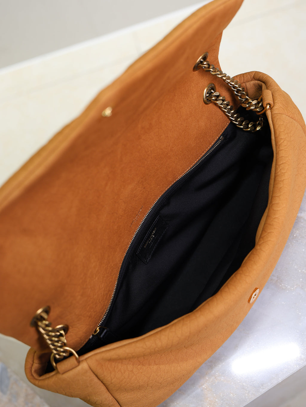 YSL 25S CALYPSO GM 38 IN BURNT ORANGE GRAINED CALFSKIN GOLD HARDWRE