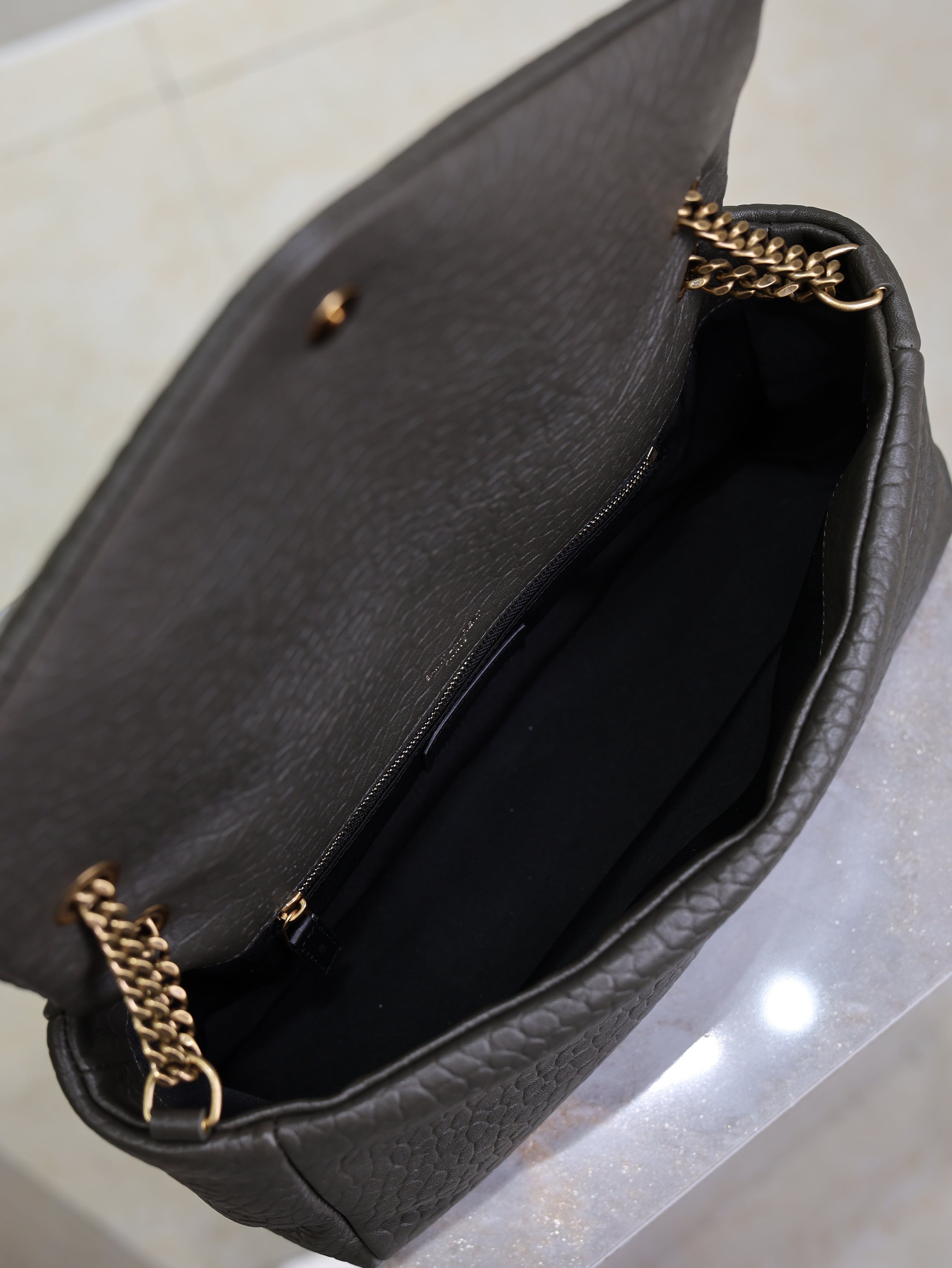 YSL 25S CALYPSO 30 IN DARK OLIVE GRAINED CALFSKIN GOLD HARDWRE