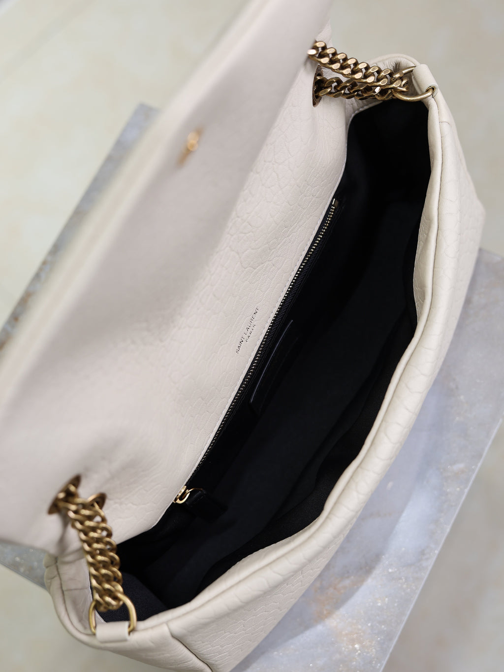 YSL 25S CALYPSO 30 IN IVORY GRAINED CALFSKIN GOLD HARDWARE