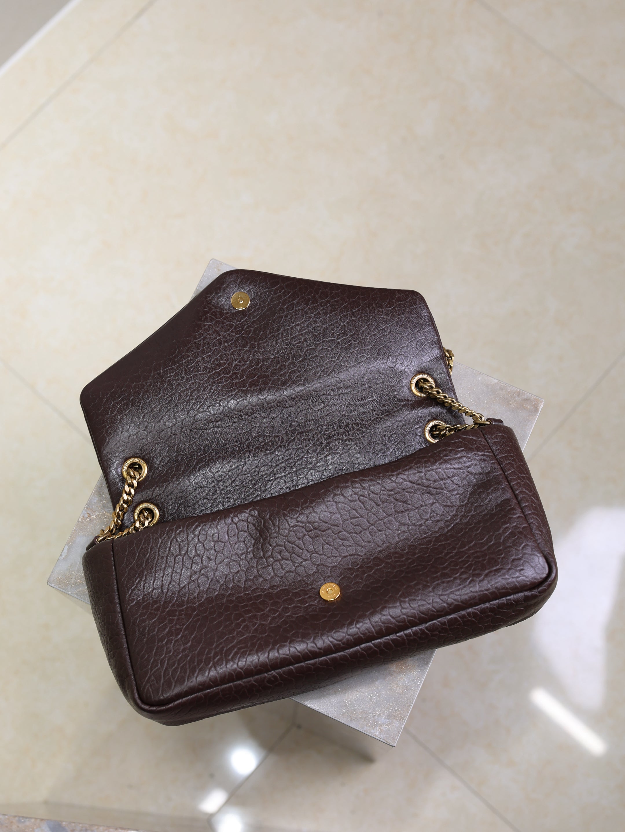 YSL 25S CALYPSO 30 IN DARK CHOCOLATE GRAINED CALFSKIN GOLD HARDWRE