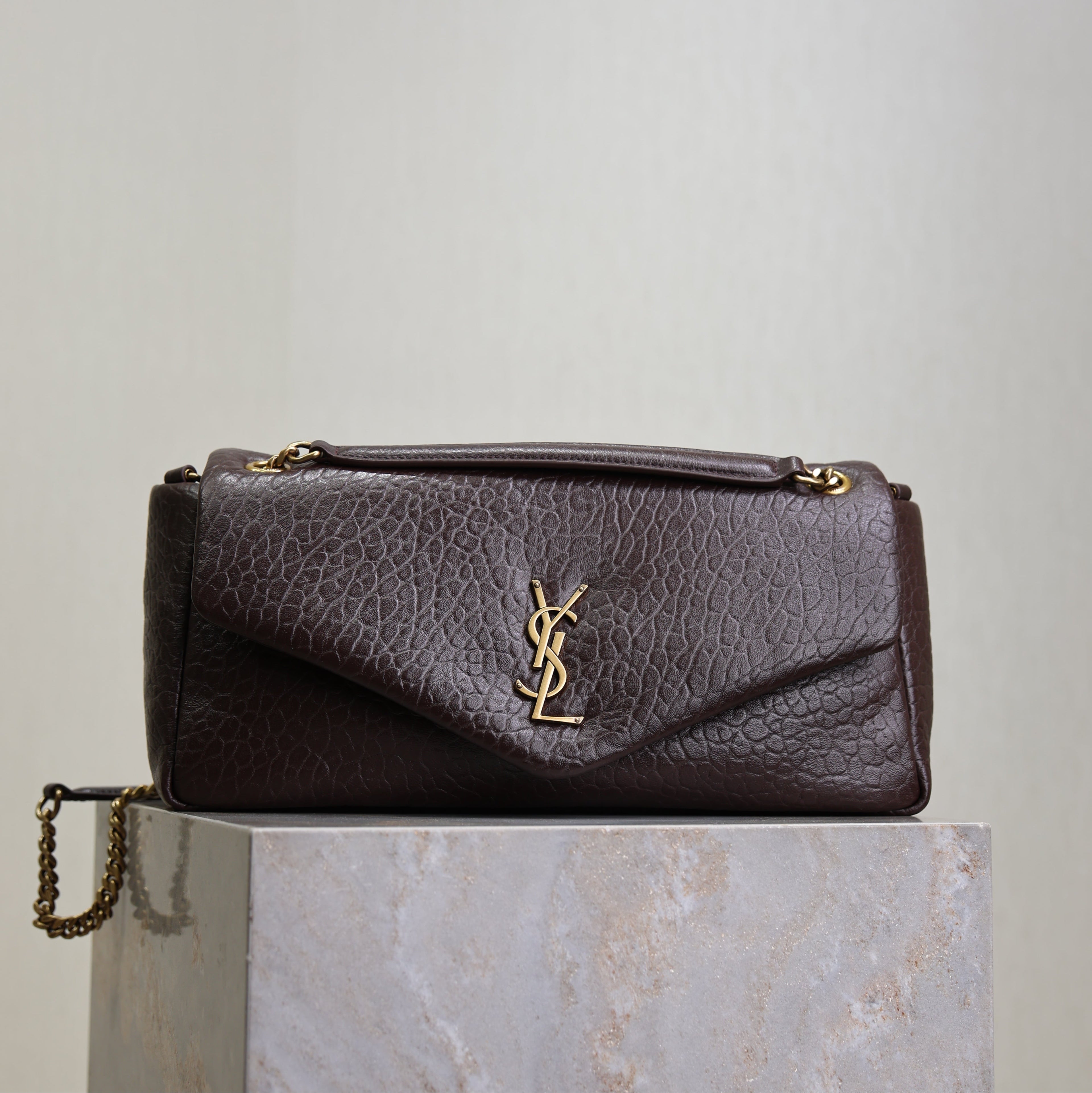 YSL 25S CALYPSO 30 IN DARK CHOCOLATE GRAINED CALFSKIN GOLD HARDWARE
