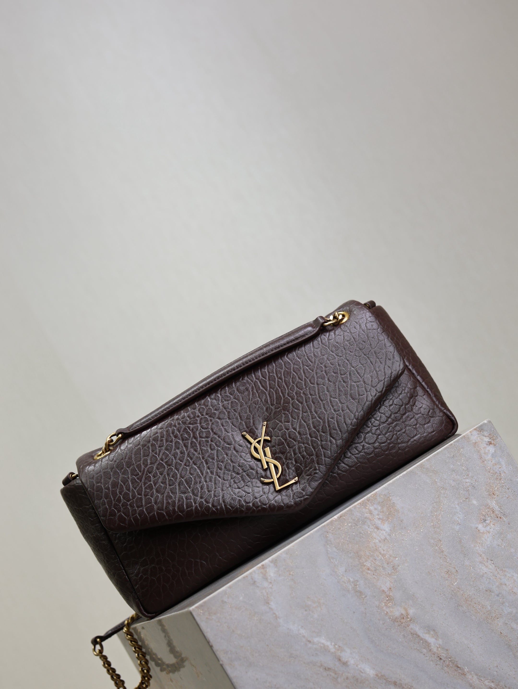 YSL 25S CALYPSO 30 IN DARK CHOCOLATE GRAINED CALFSKIN GOLD HARDWRE