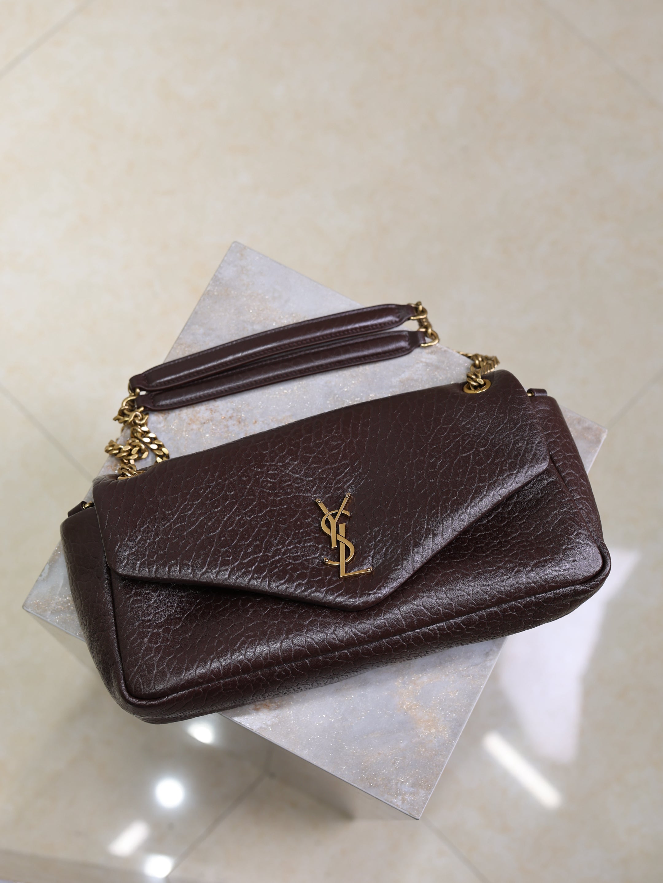 YSL 25S CALYPSO 30 IN DARK CHOCOLATE GRAINED CALFSKIN GOLD HARDWRE